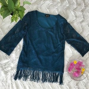 NWOT BOHO Crochet Aqua Top with Fringe L